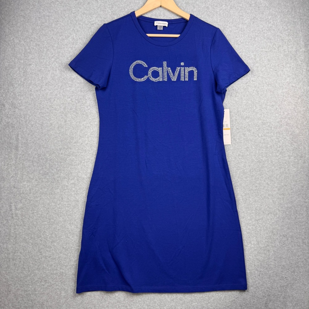 Calvin Klein T Shirt Dress Womens‎ Small Blue Rhinestone Logo Spellout Y2K NEW